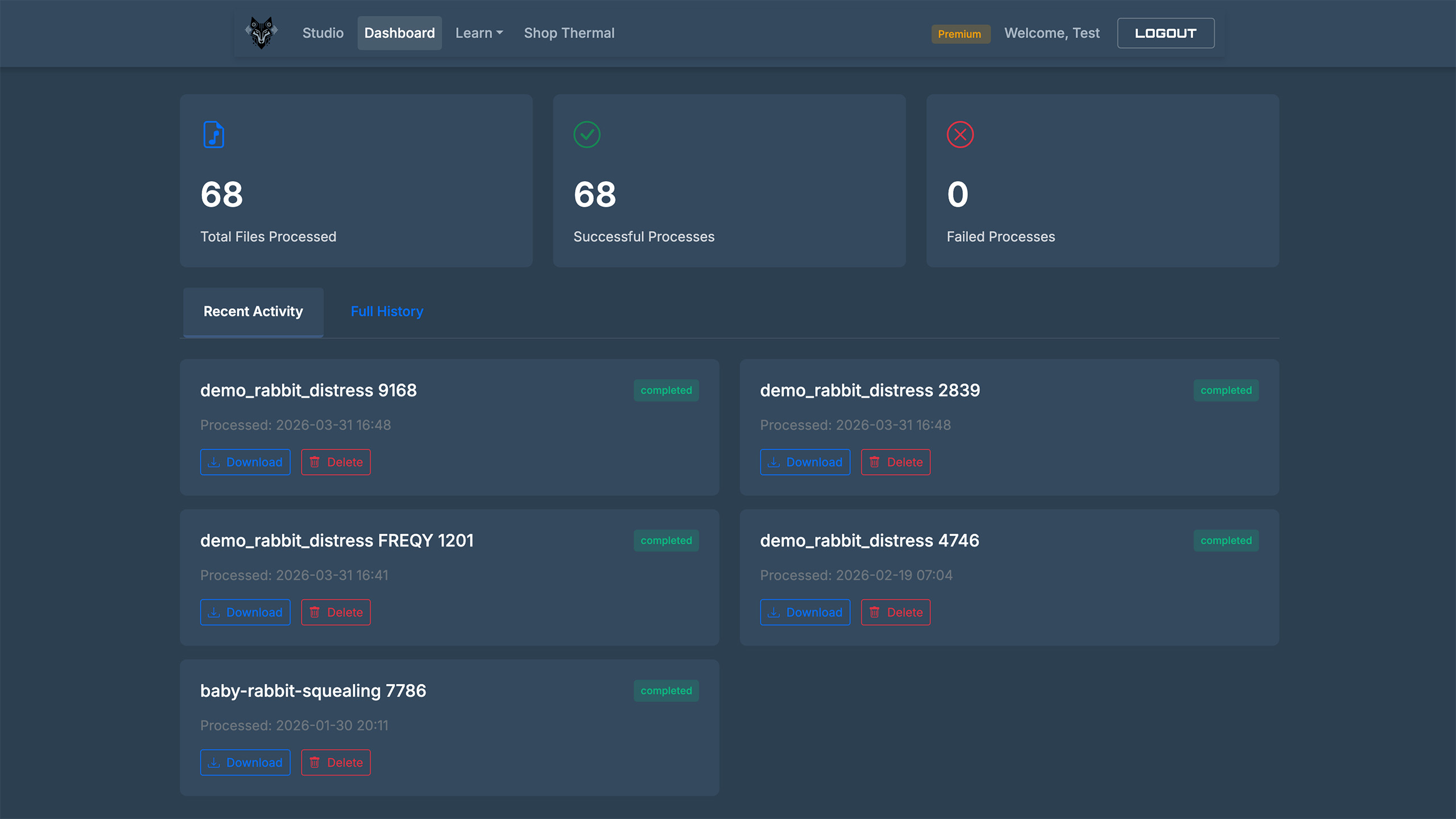 CallTuneAI dashboard showing saved processed sound files
