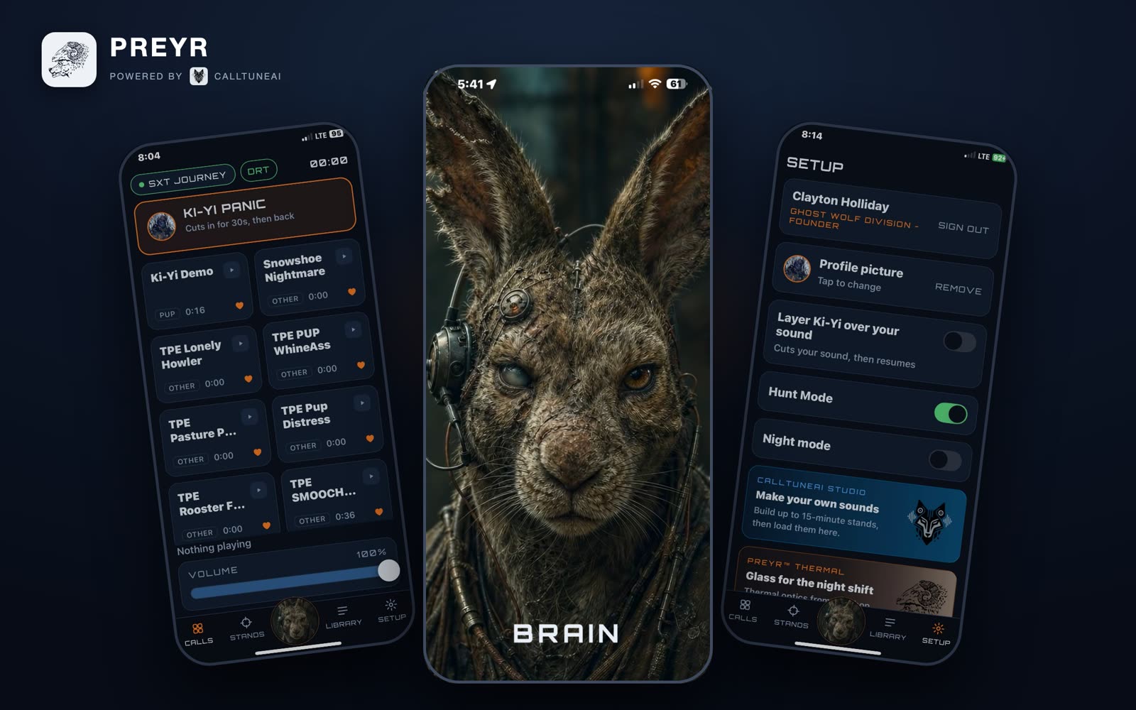 PREYR running on three iPhones: the call screen, BRAIN, and setup